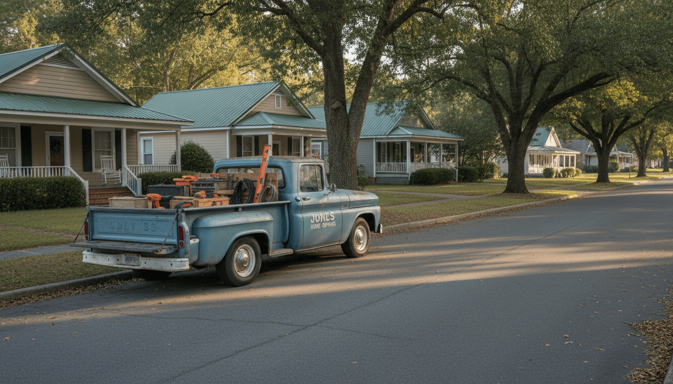 Handyman service truck parked on a residential street in a small Southern town