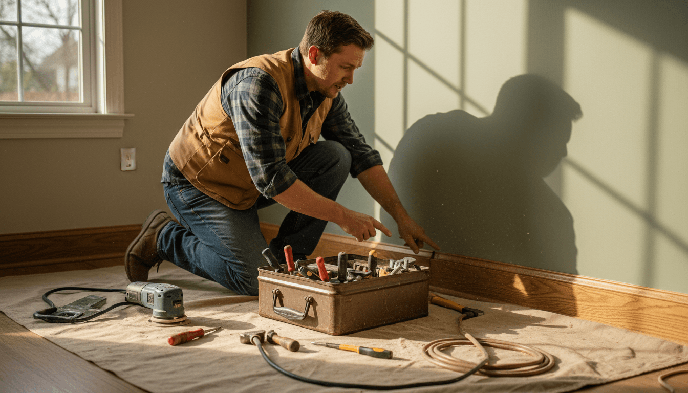 Handyman discussing a baseboard repair with a homeowner