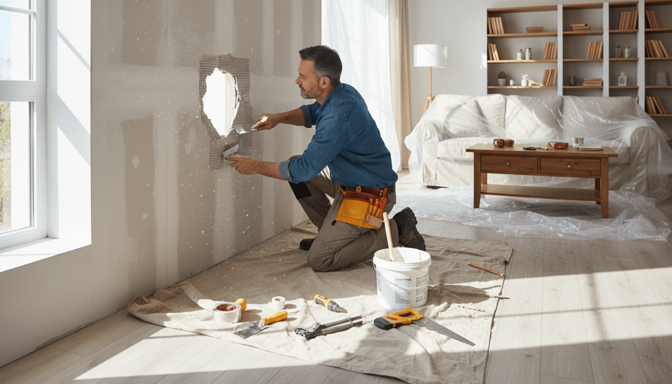 Handyman repairing drywall in a bright living room