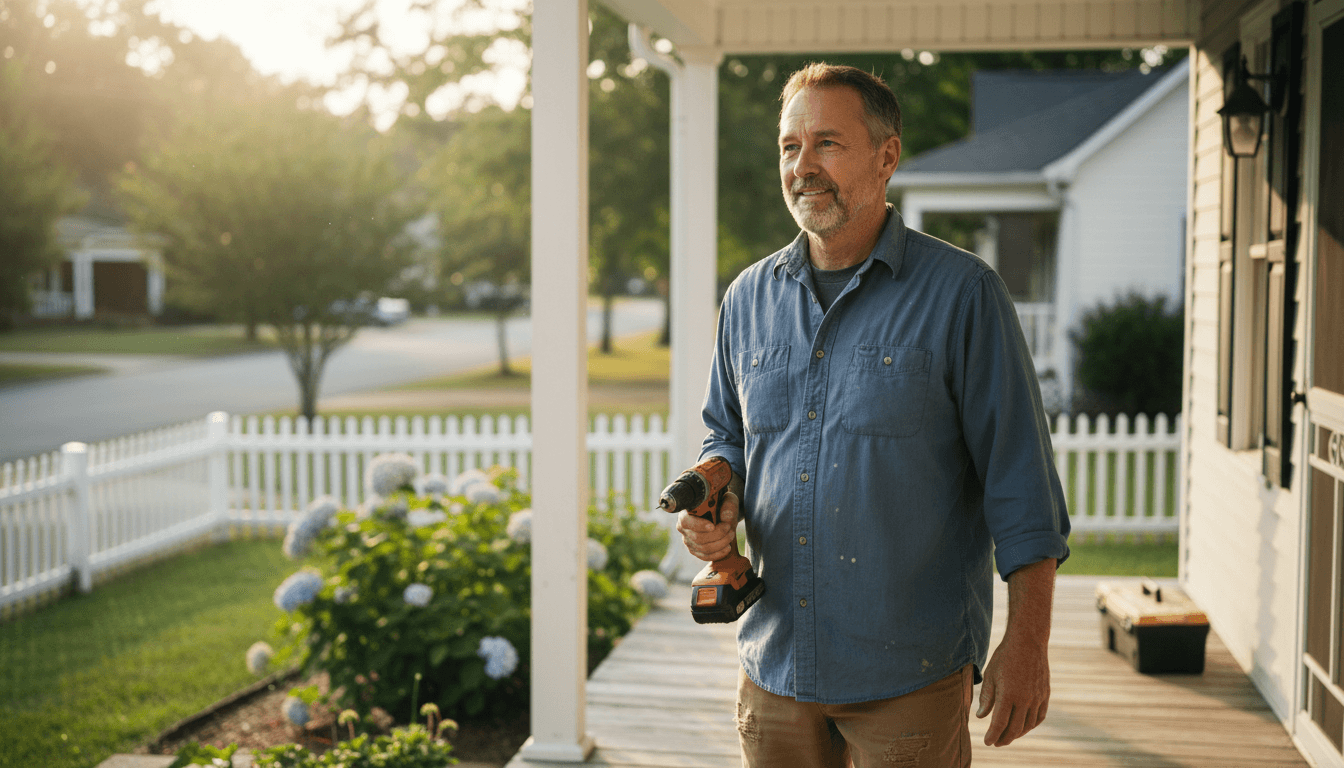 Handyman standing on a residential porch in Mount Olive holding a cordless drill