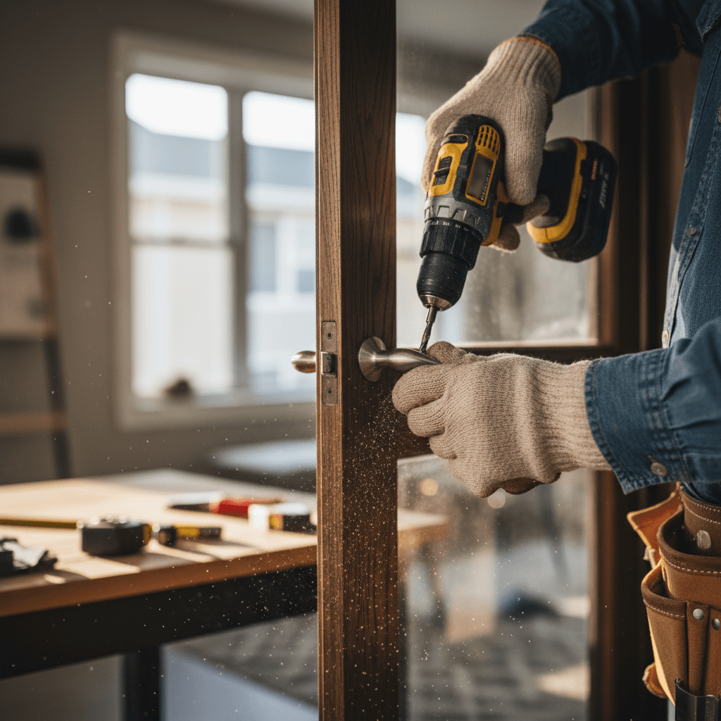 Professional handyman in work clothes holding a toolbox, smiling outside a home