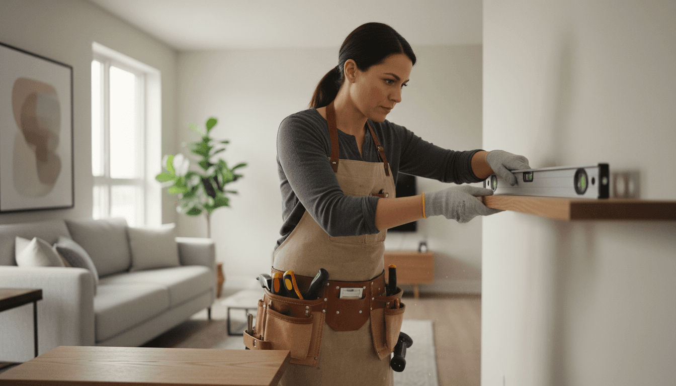 Handyman with a toolbox working on a repair inside a bright home