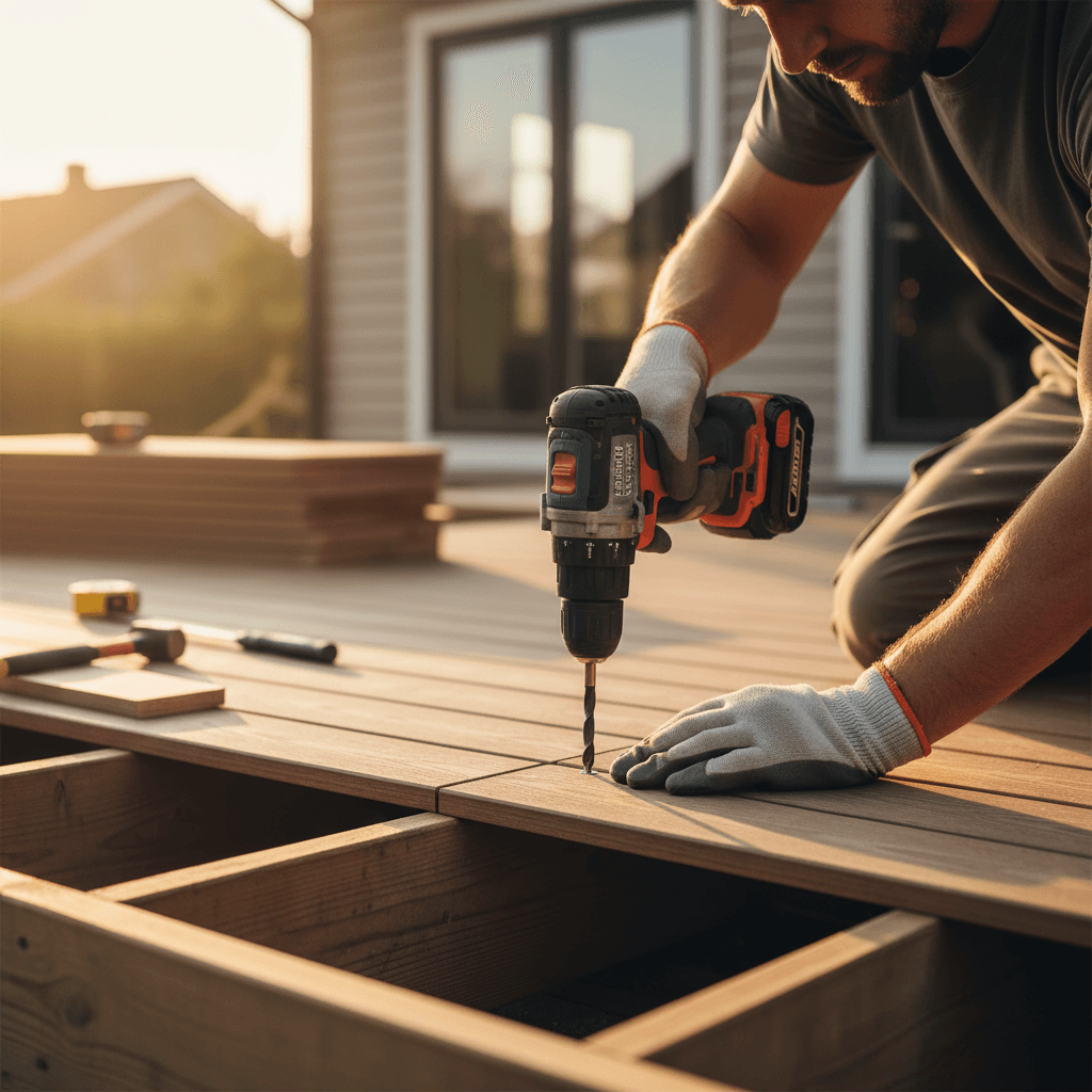 Handyman repairing a wooden deck in a Raleigh backyard