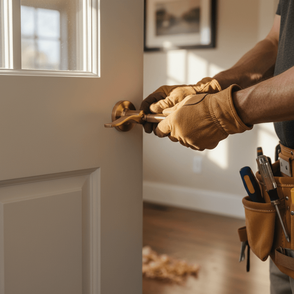 Handyman consulting with a homeowner at the front door