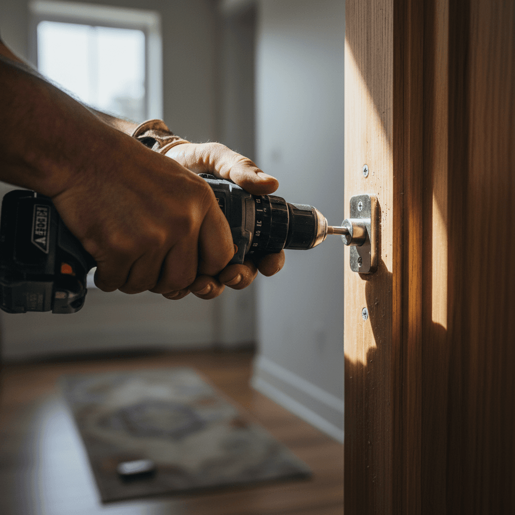 Handyman with tools smiling in a residential garage