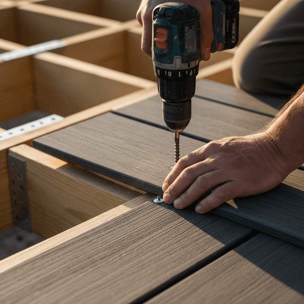 Close-up of a handyman's hands installing a wooden deck board with a drill