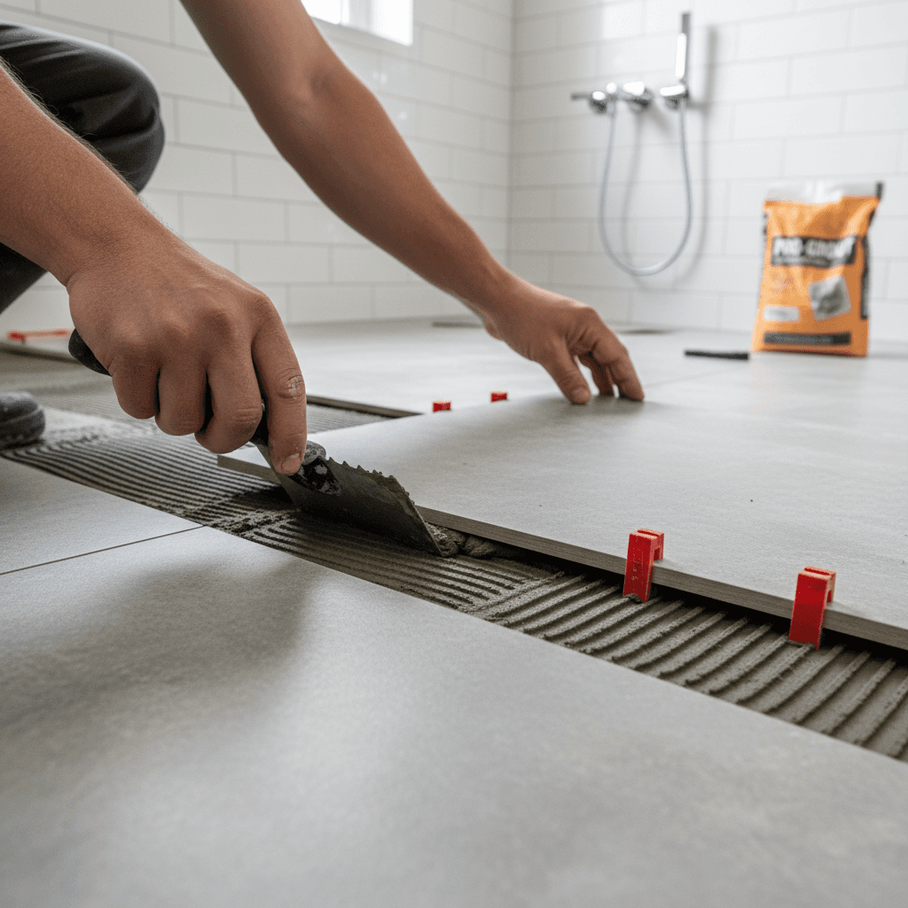 Tile worker laying ceramic floor tiles in a modern bathroom
