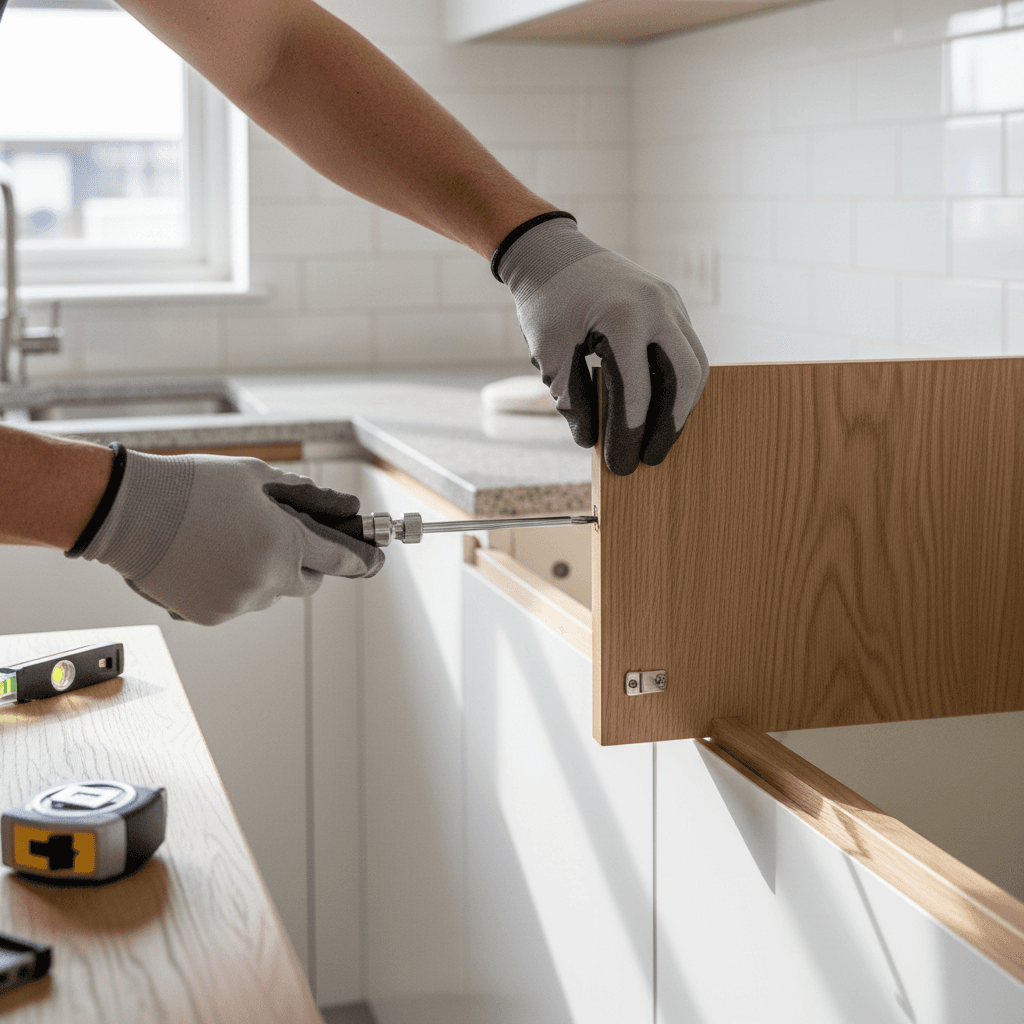 Carpenter installing white kitchen cabinets in a renovated kitchen
