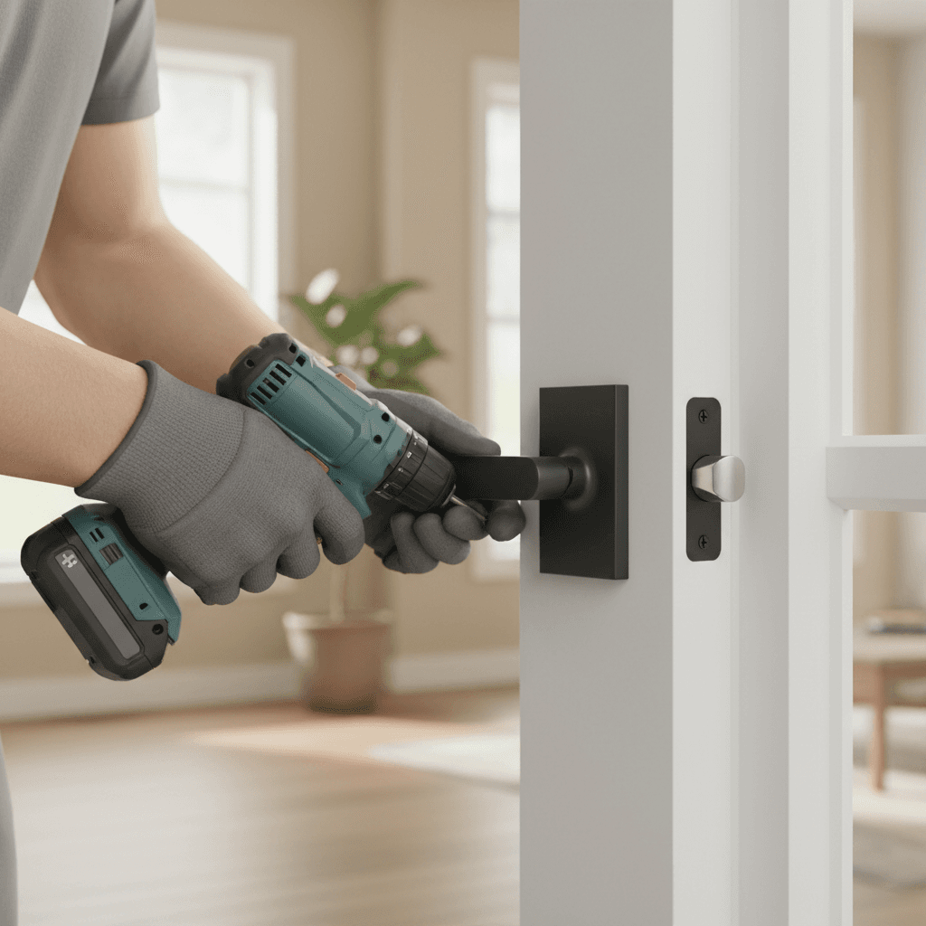 Handyman fixing a door hinge in a residential hallway