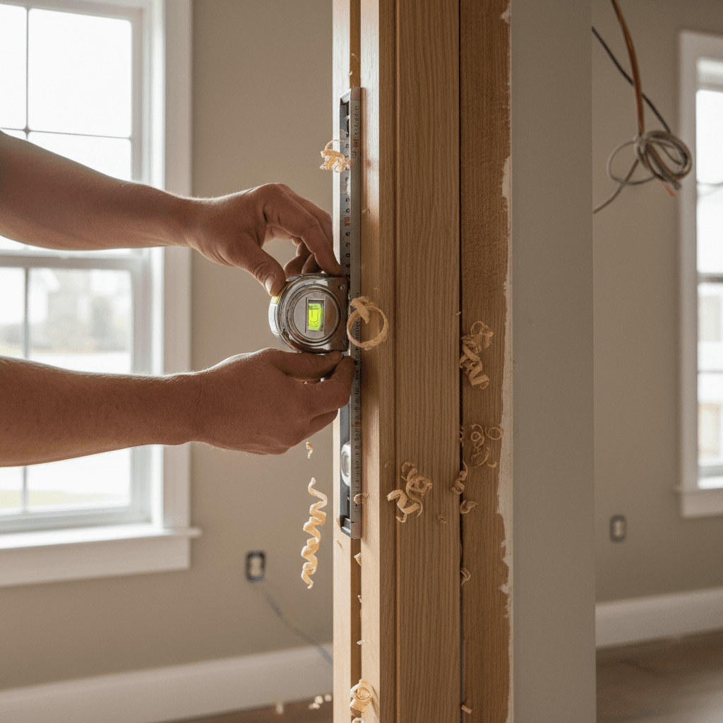 Handyman repairing a wooden door frame with a drill