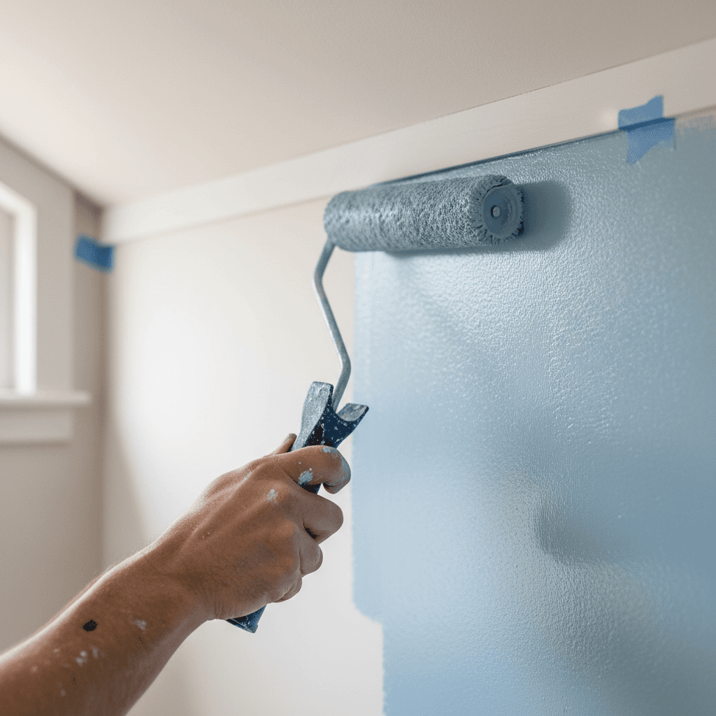 Painter painting an interior wall in a bright living room